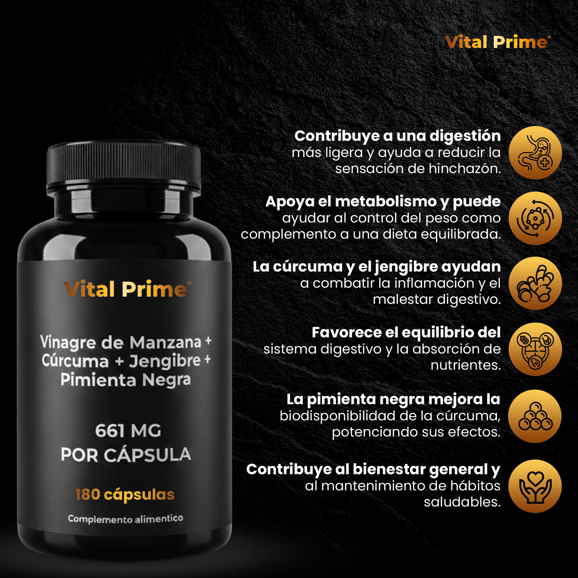 VITAL PRIME 180 Cápsulas de Vinagre de Manzana con la Madre + Cúrcuma + Jengibre + Pimienta Negra (Black Pepper) | 661 mg por Cápsula | Para 6 Meses