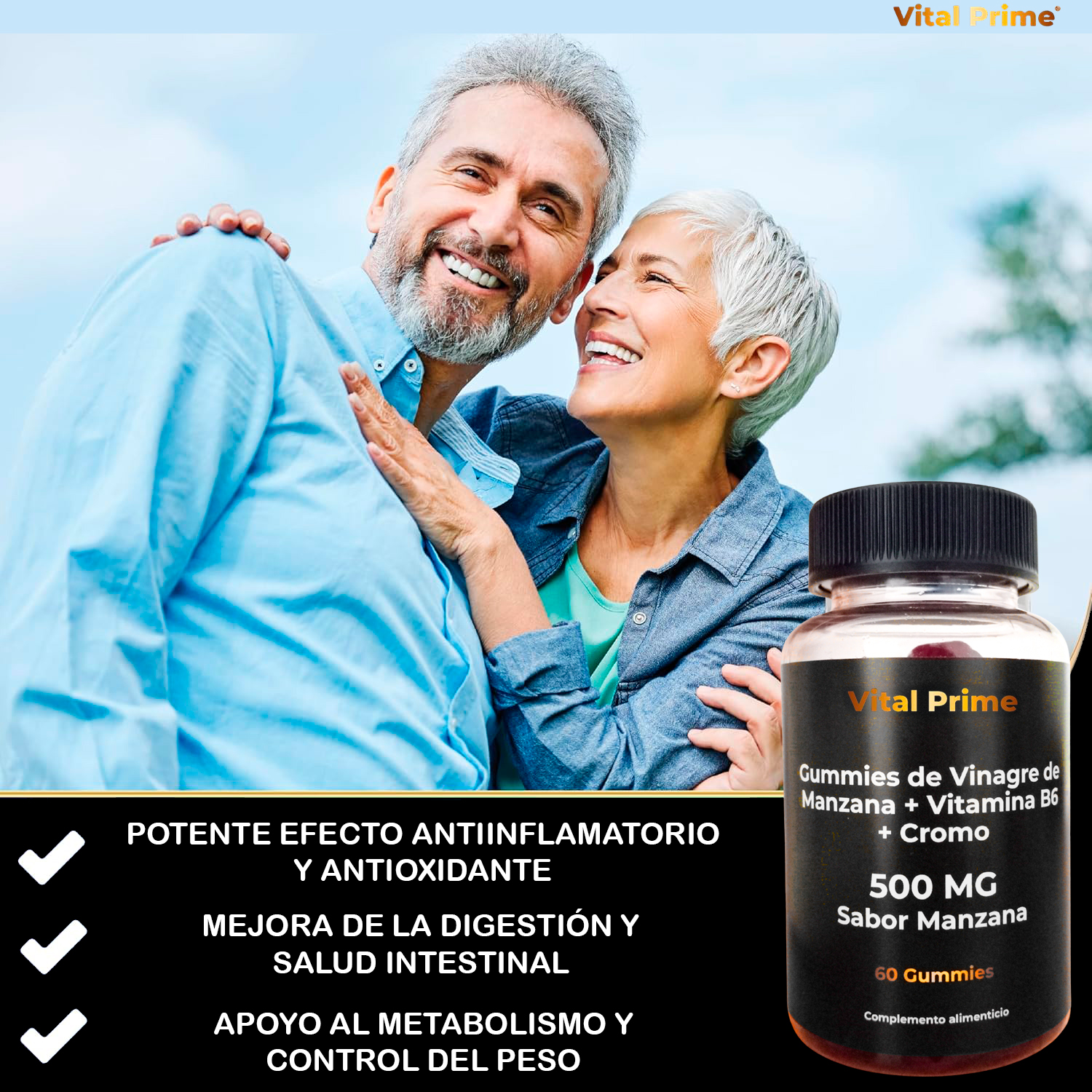 VITAL PRIME 60 Gominolas de Vinagre de Manzana + Vitamina B6 + Cromo | 500MG | Gummies de Vinagre de Manzana sin Azúcar