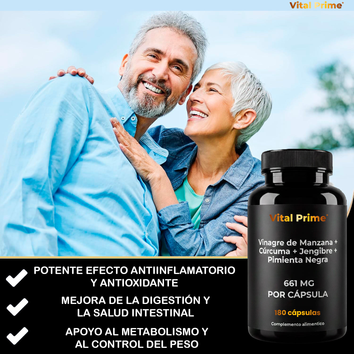 VITAL PRIME 180 Cápsulas de Vinagre de Manzana con la Madre + Cúrcuma + Jengibre + Pimienta Negra (Black Pepper) | 661 mg por Cápsula | Para 6 Meses
