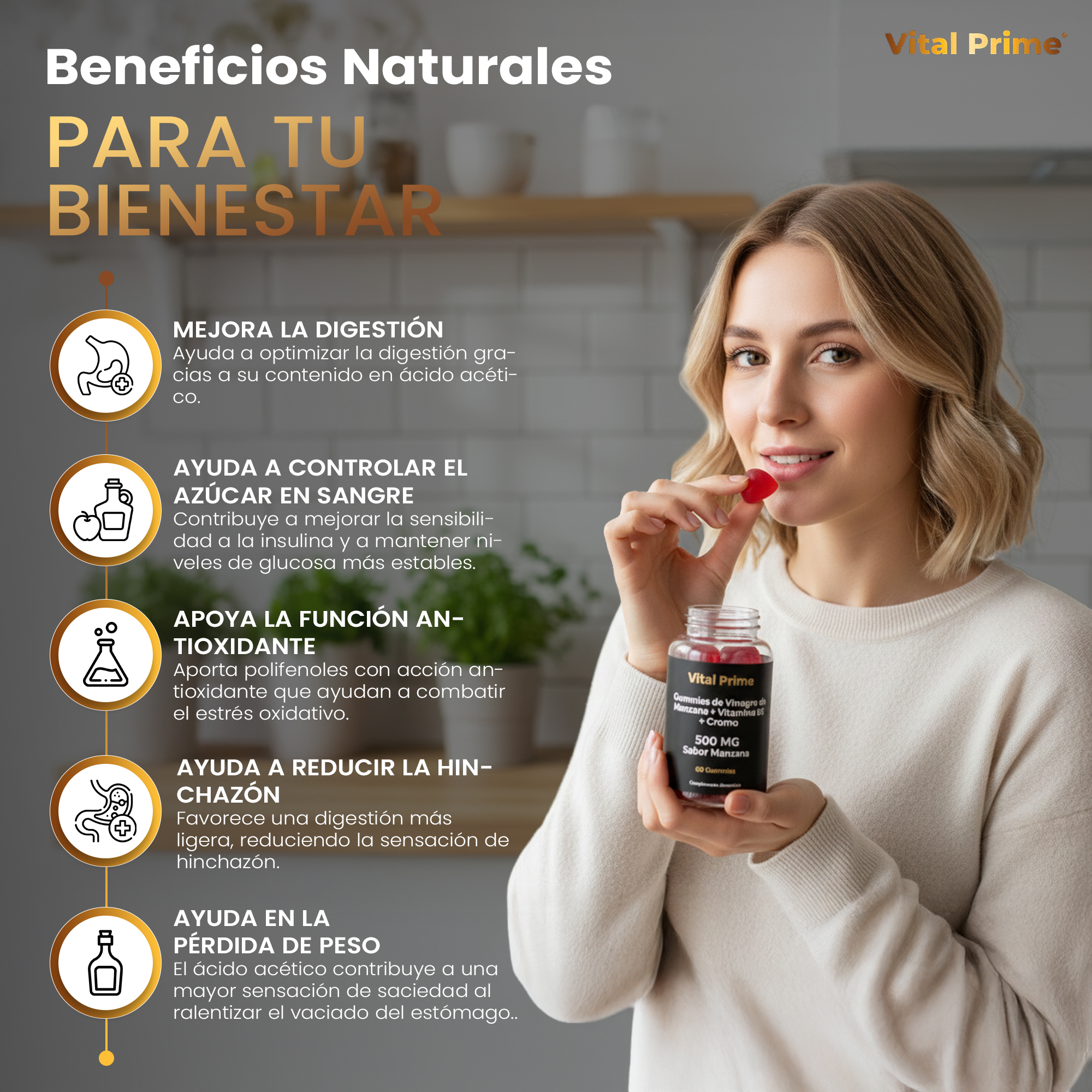 VITAL PRIME 60 Gominolas de Vinagre de Manzana + Vitamina B6 + Cromo | 500MG | Gummies de Vinagre de Manzana sin Azúcar