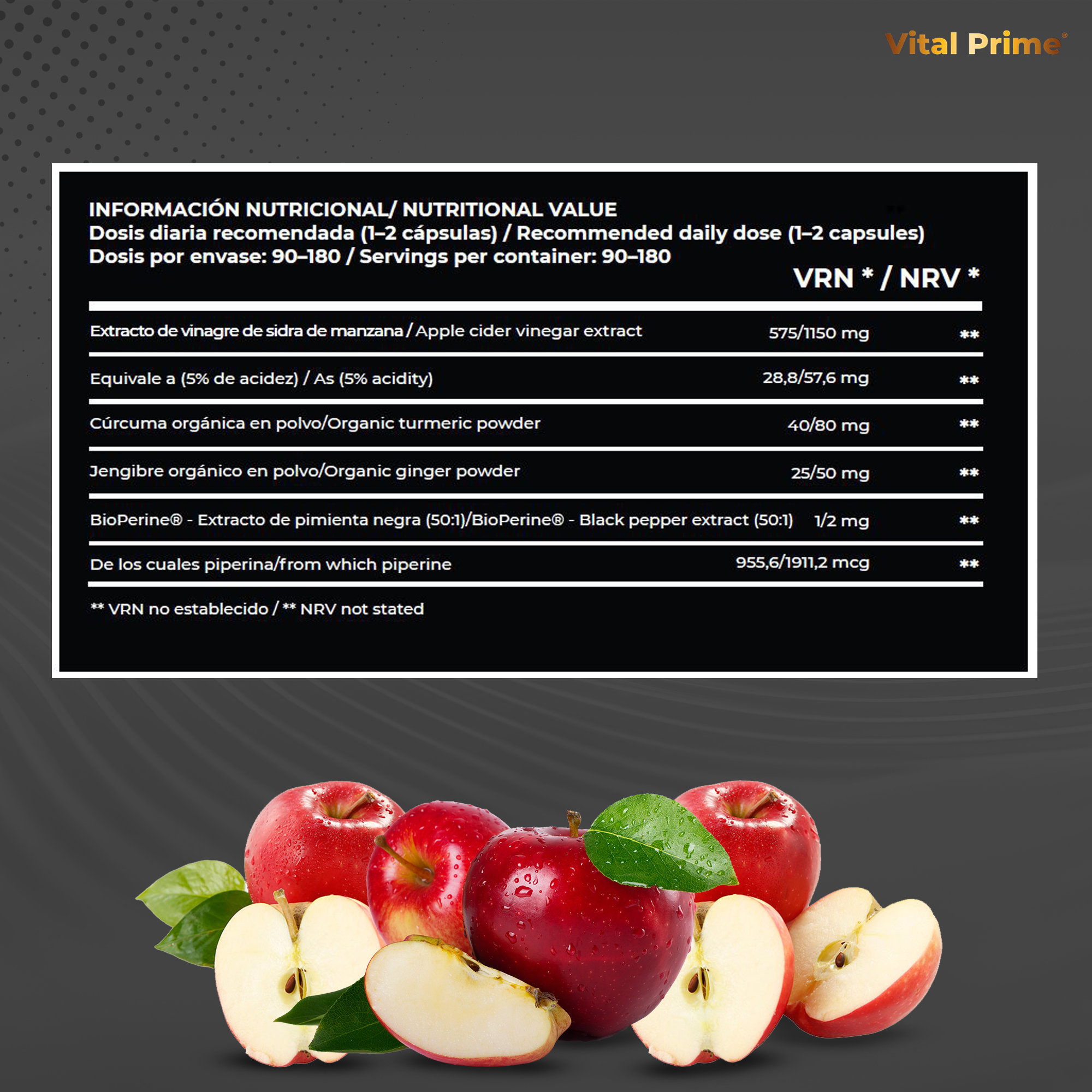 VITAL PRIME 180 Cápsulas de Vinagre de Manzana con la Madre + Cúrcuma + Jengibre + Pimienta Negra (Black Pepper) | 661 mg por Cápsula | Para 6 Meses