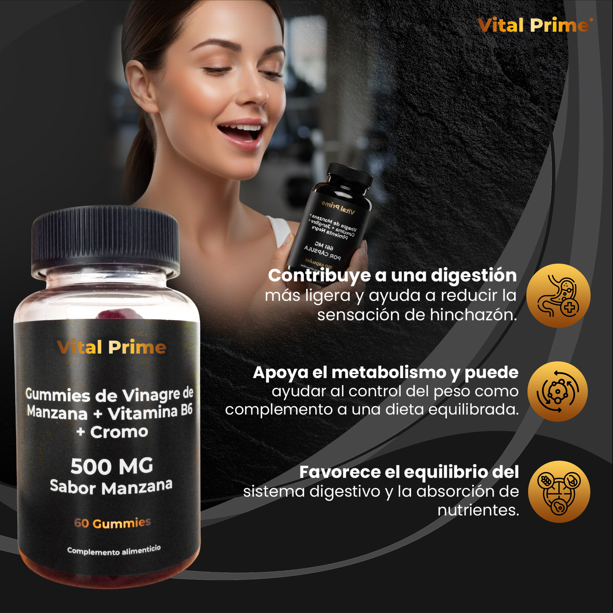 VITAL PRIME 60 Gominolas de Vinagre de Manzana + Vitamina B6 + Cromo | 500MG | Gummies de Vinagre de Manzana sin Azúcar