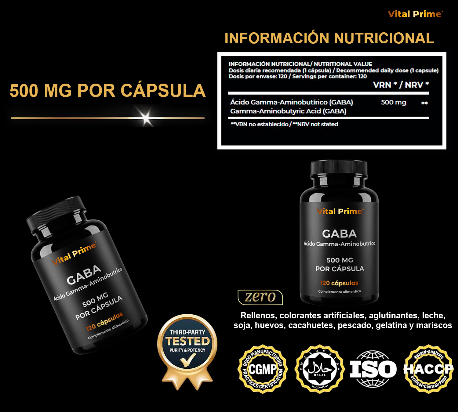VITAL PRIME GABA 500 mg por Cápsula 120 Cápsulas | GABA suministro para 4 Meses