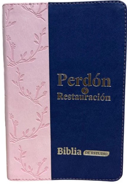 Biblia Reina Valera 1960 letra grande "Perdona y Restaura" azul/rosa canto plateado