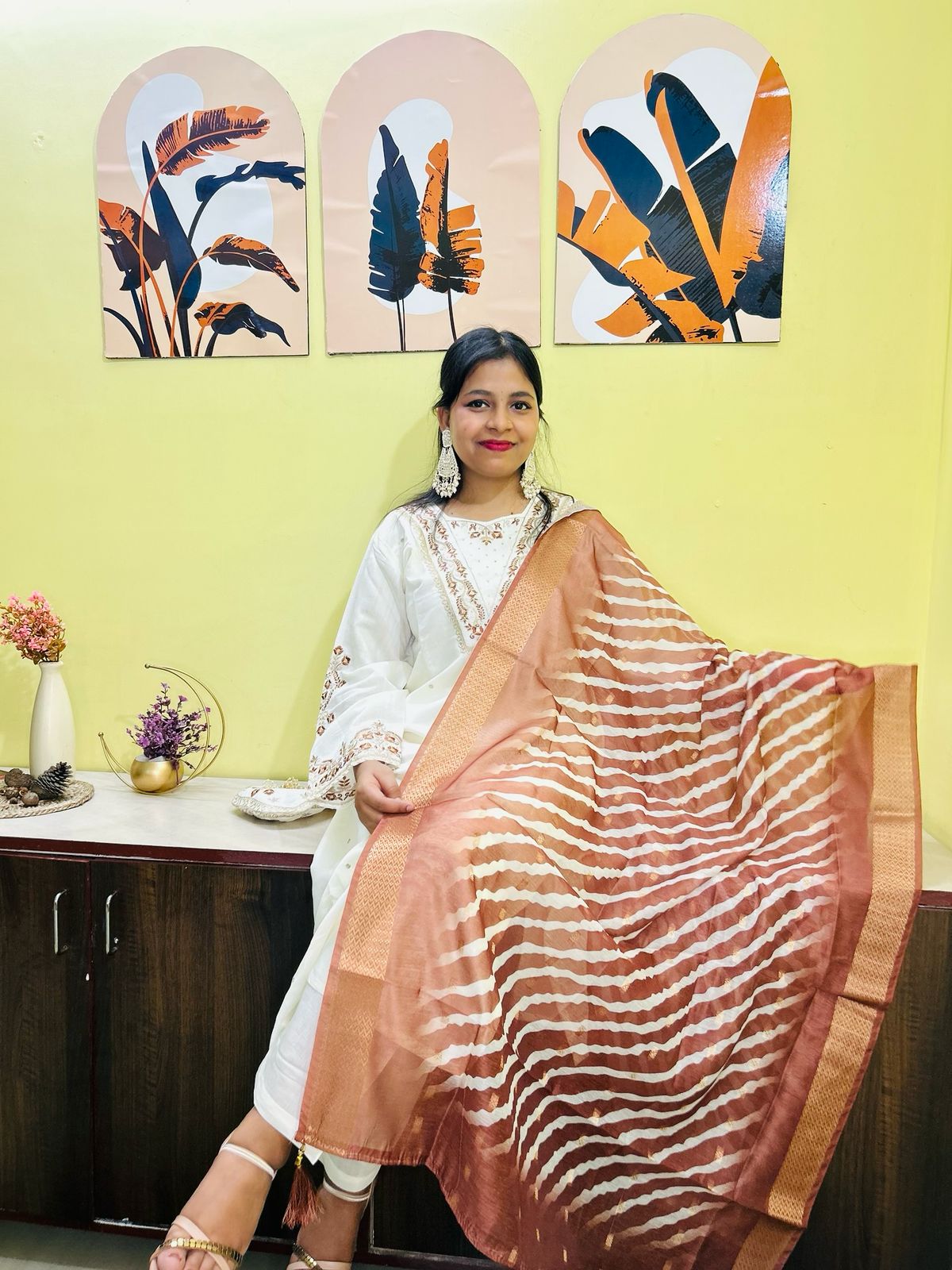 Embroidered White brown kurta set with dupatta and potli