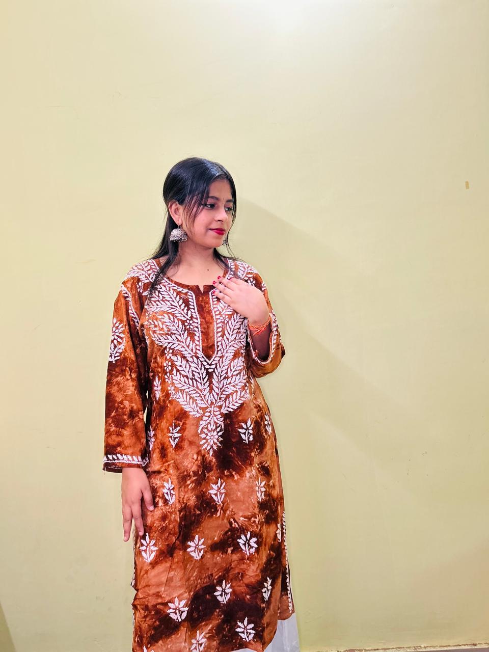 Mulmul Long Chikankari Kurta (White Thread) Brown