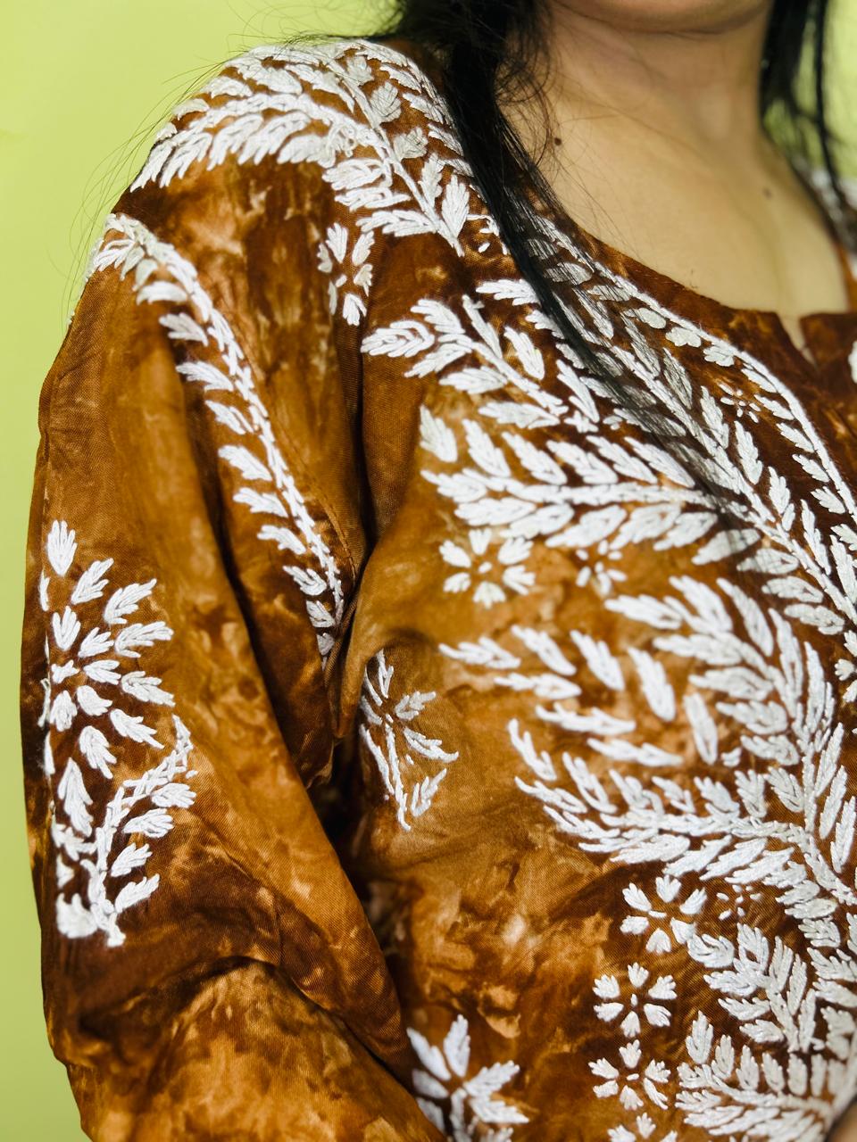 Mulmul Long Chikankari Kurta (White Thread) Brown