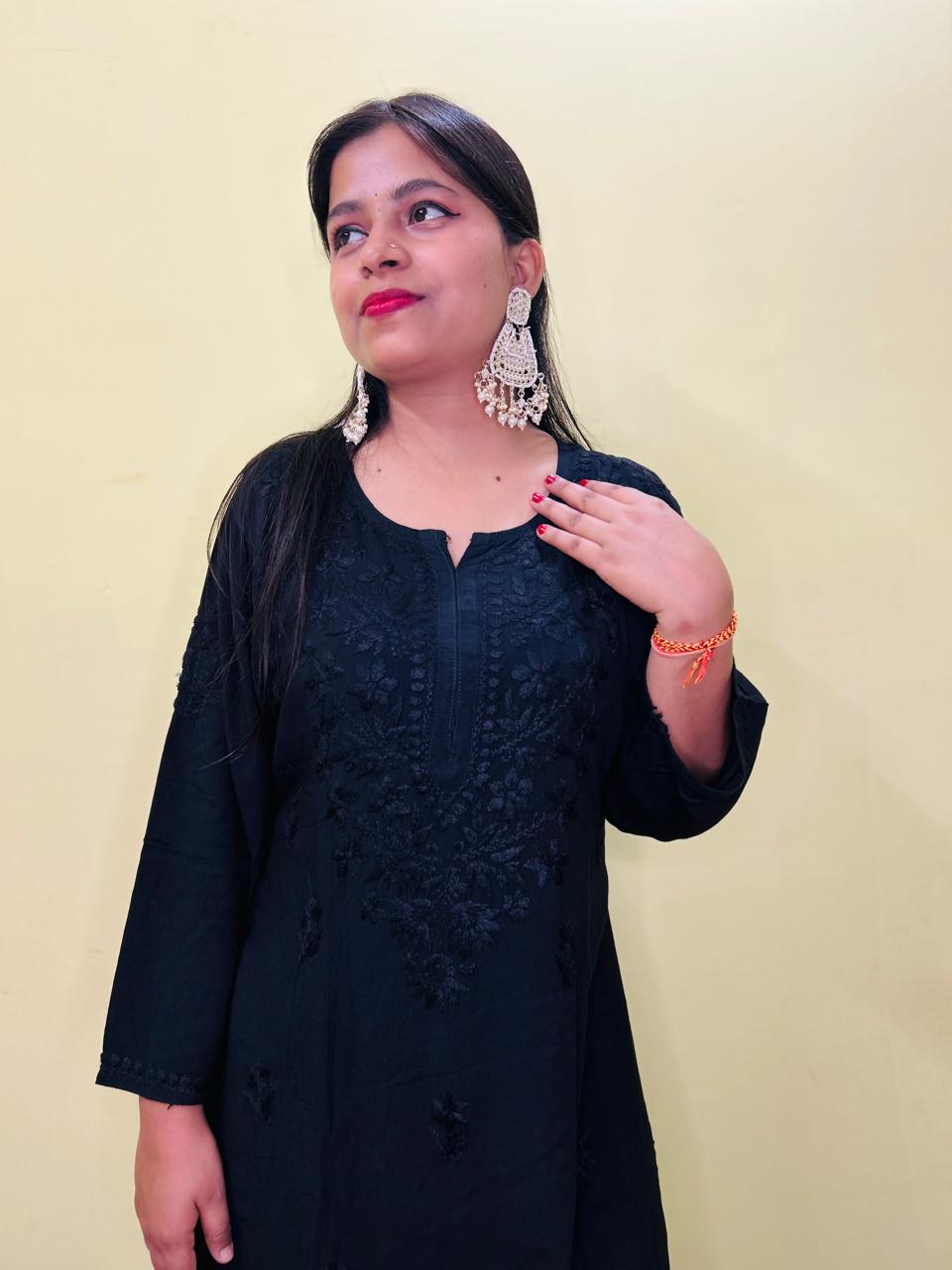 Black Malmal Long Chikankari Kurta
