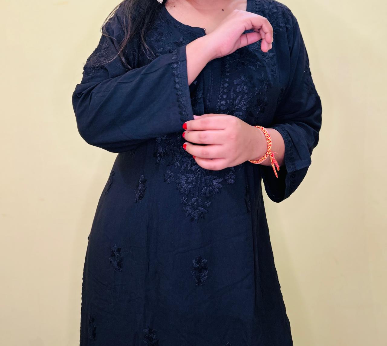Black Malmal Long Chikankari Kurta