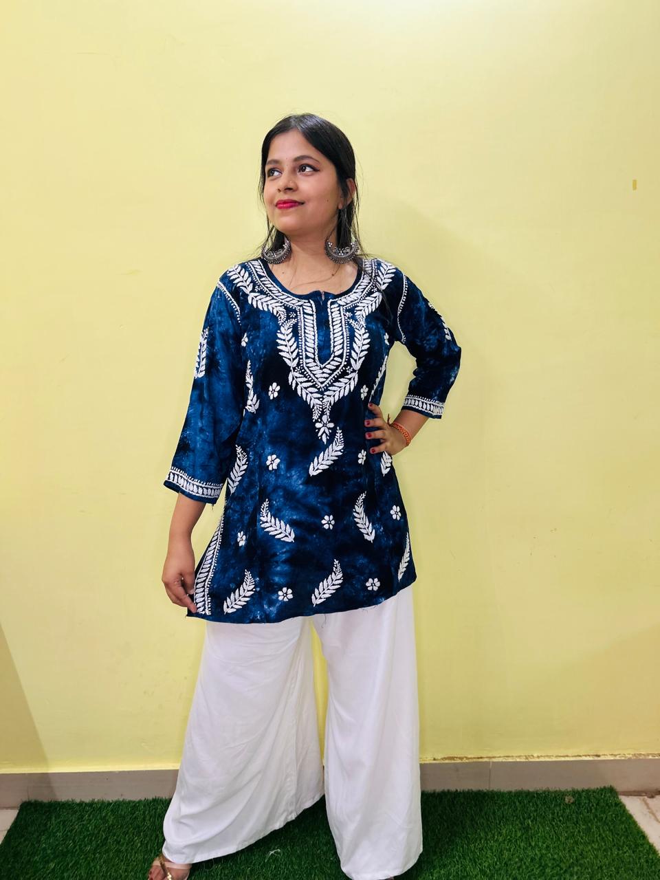 Mulmul Short Chikankari Kurta Blue