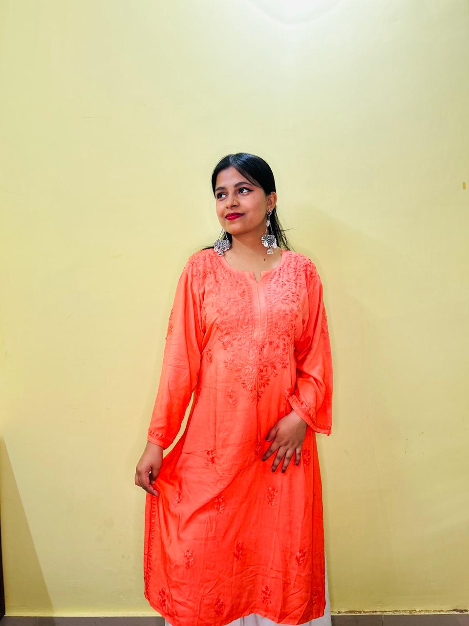 Mulmul Long Chikankari Kurta Orange
