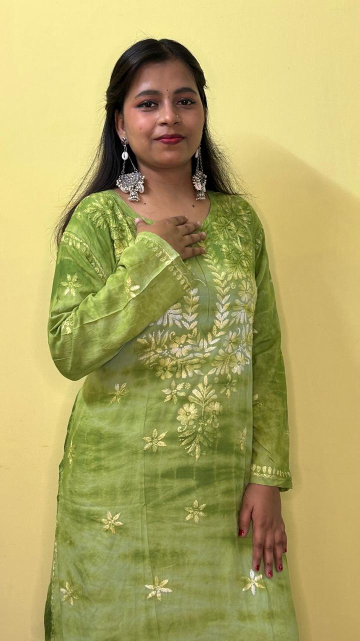 Mulmul Long Chikankari Kurta green