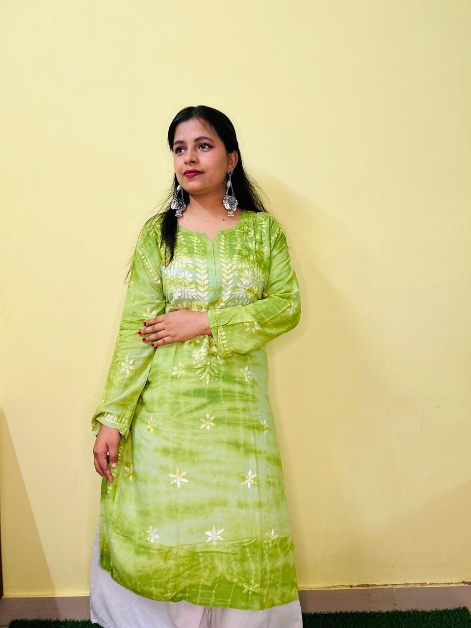 Mulmul Long Chikankari Kurta green