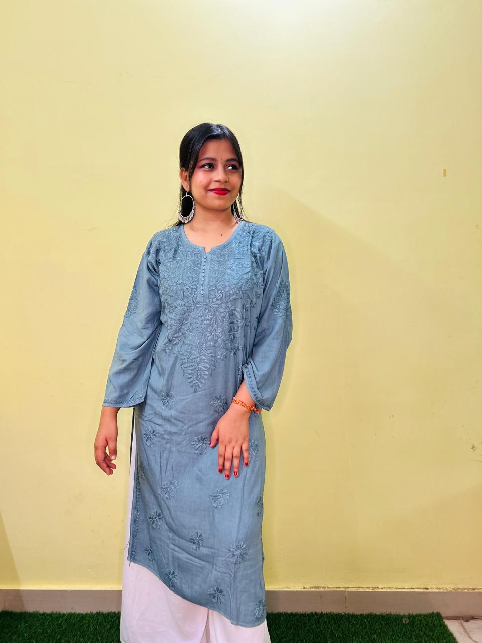 Mulmul Long Chikankari Kurta Grey