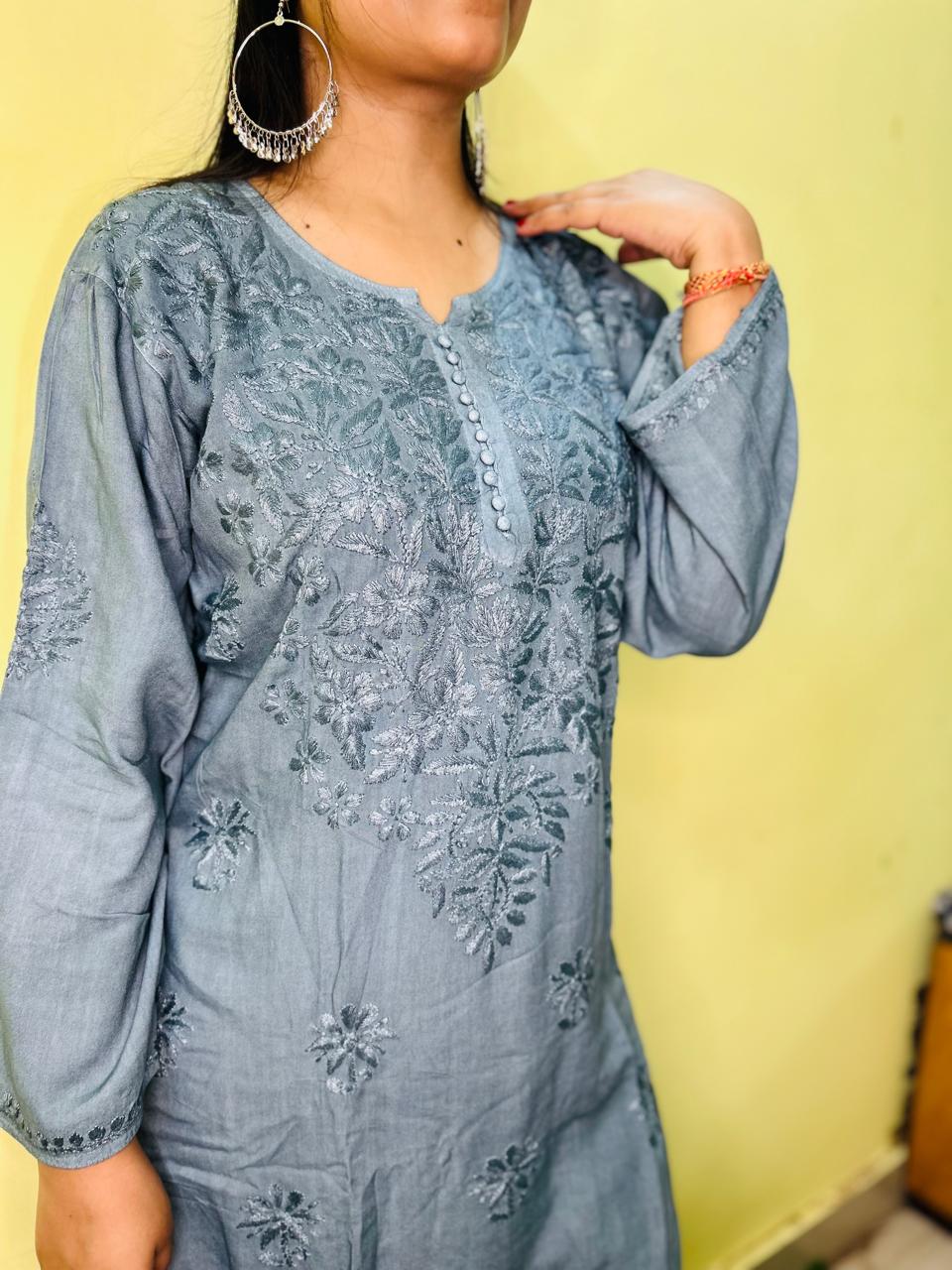 Mulmul Long Chikankari Kurta Grey