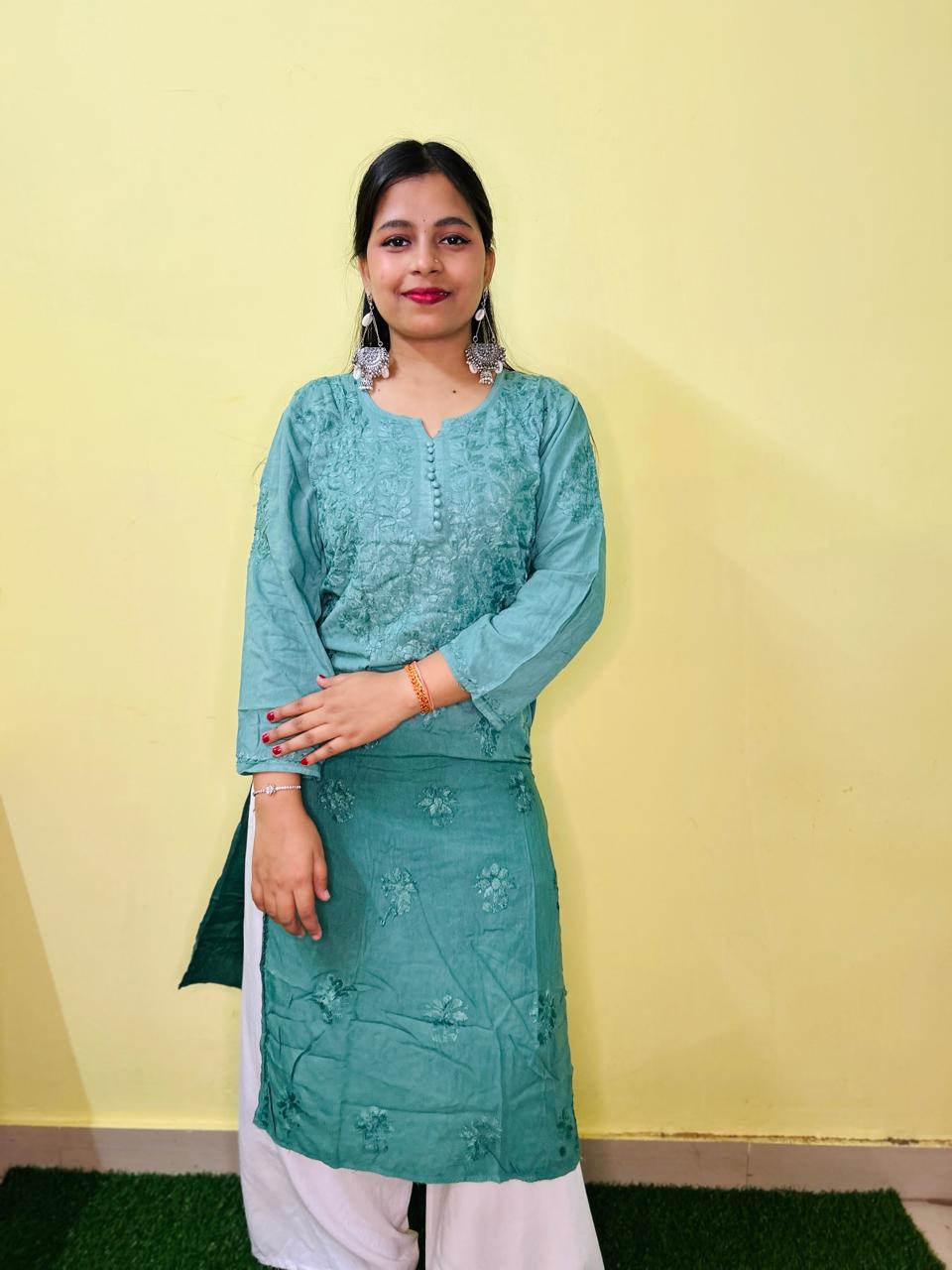 Mulmul Long Chikankari Kurta Green1