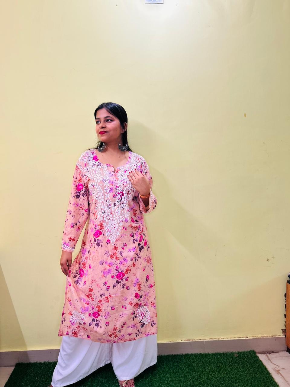 Chikankari Long Cotton Kurta Pink