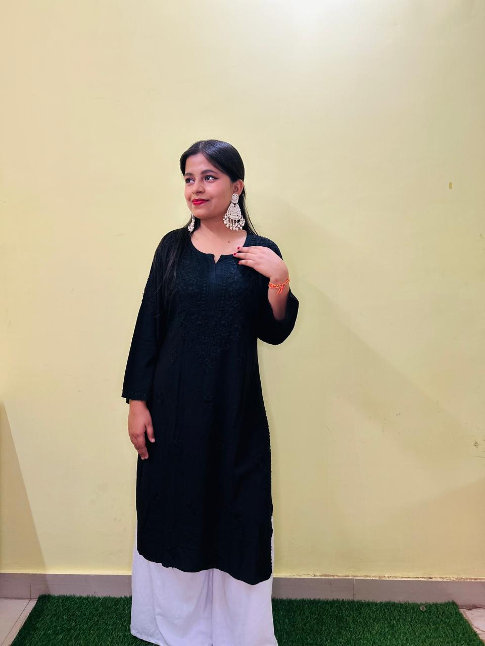 Black Malmal Long Chikankari Kurta