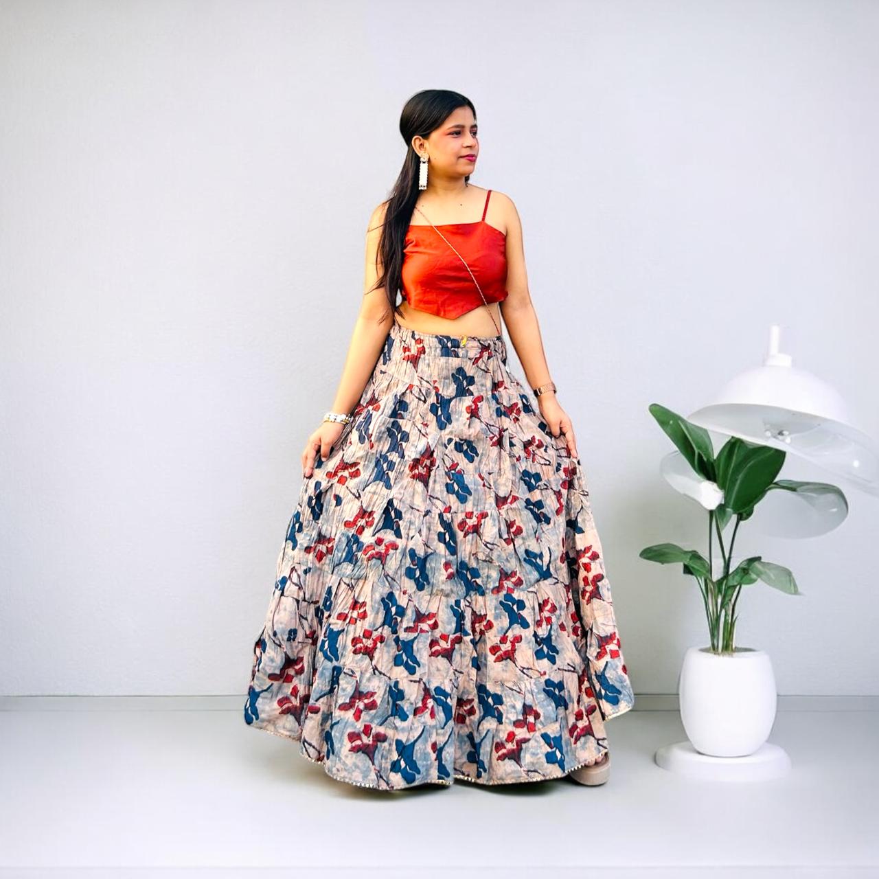 Printed Long Skirt brown blue
