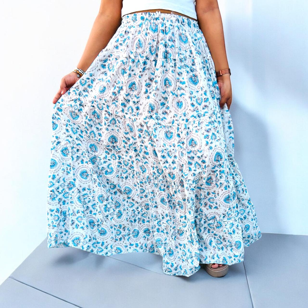 Printed Long Skirt white blue