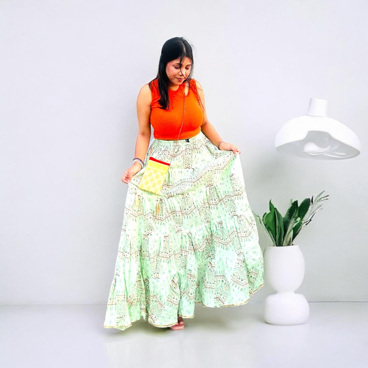 Printed Long Skirt neon orange