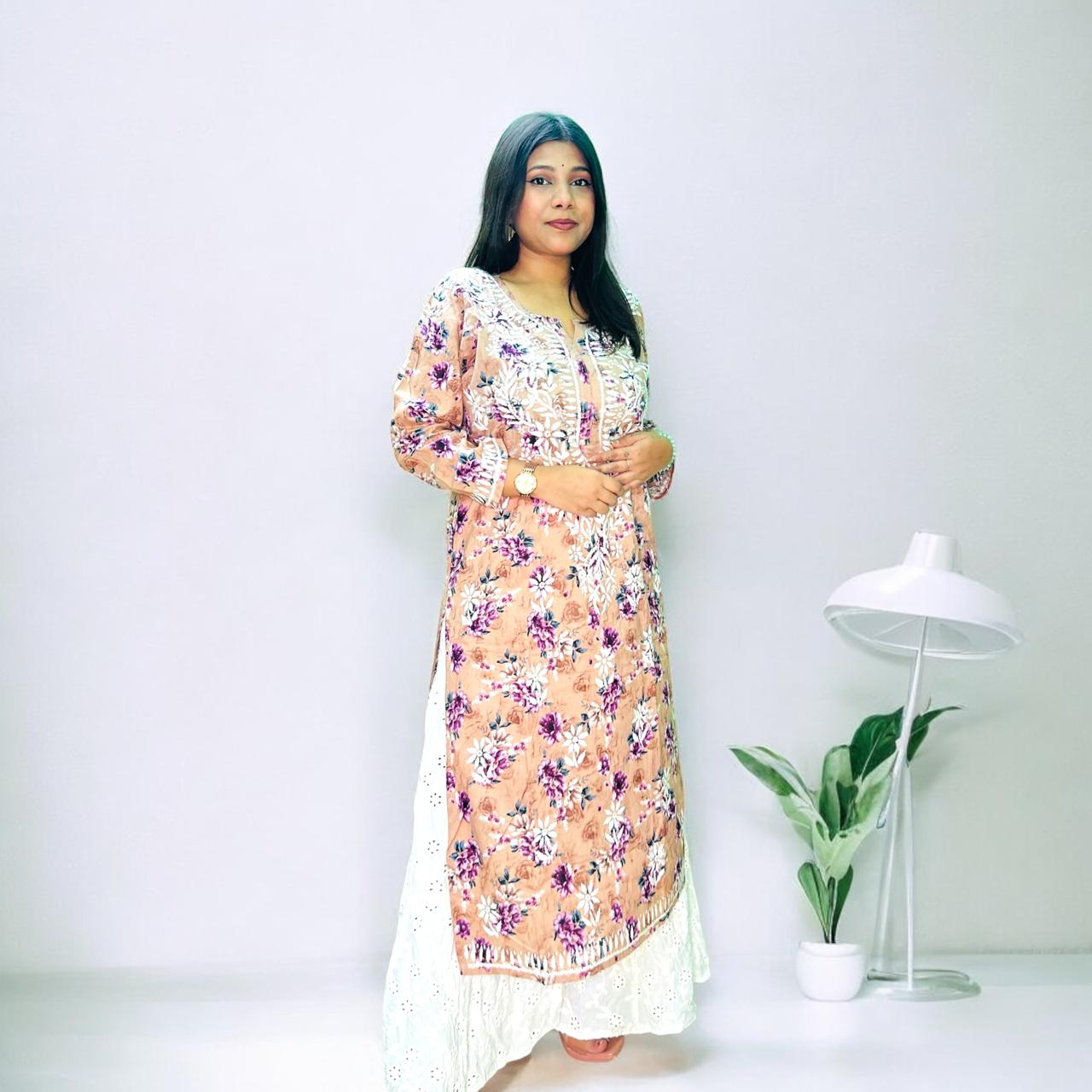 Mulmul Long Chikankari Kurta White Thread Peach