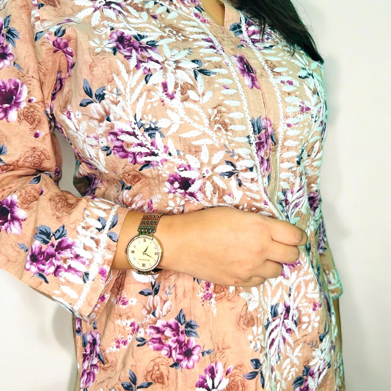 Mulmul Long Chikankari Kurta White Thread Peach