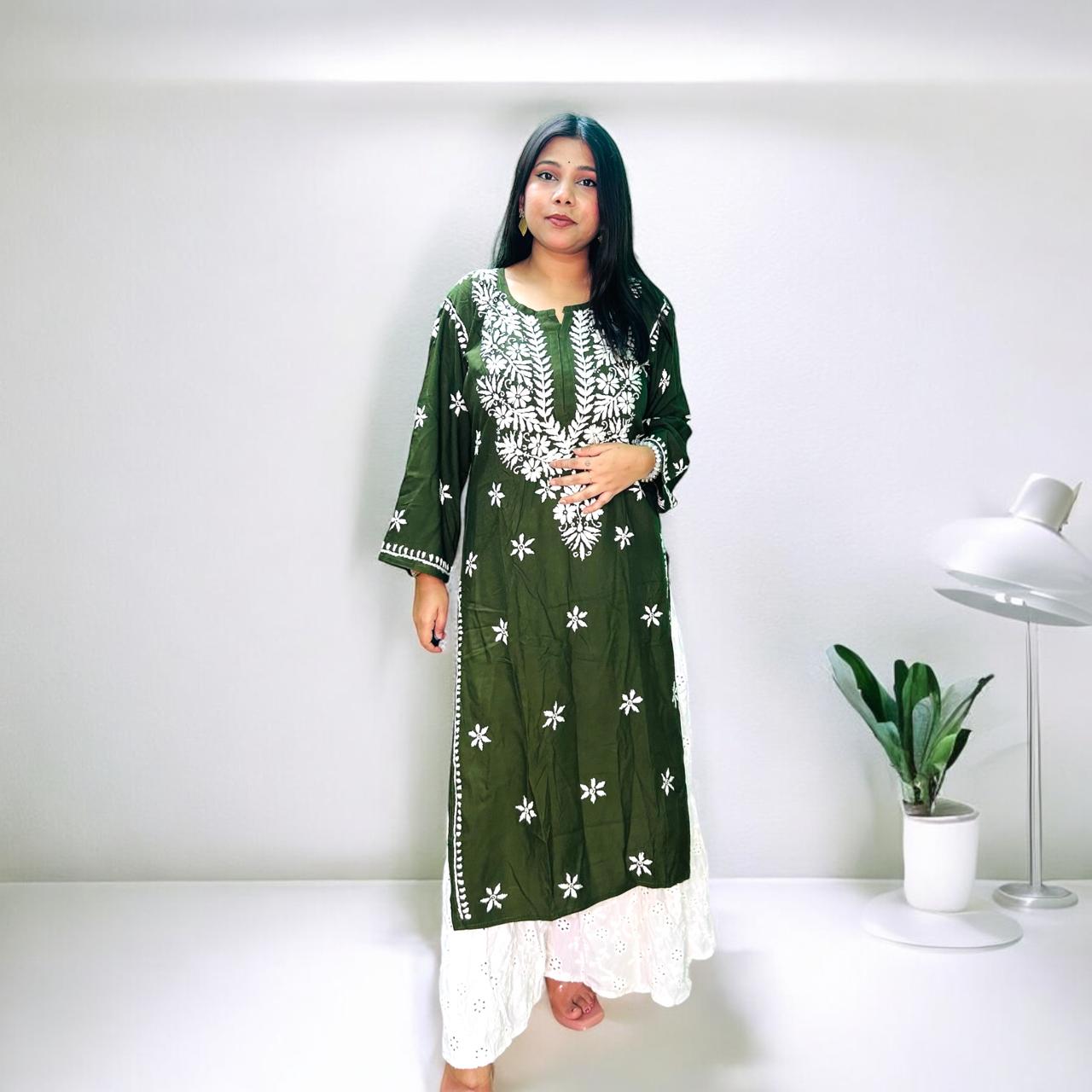 Mulmul Long Chikankari Kurta White Thread Green
