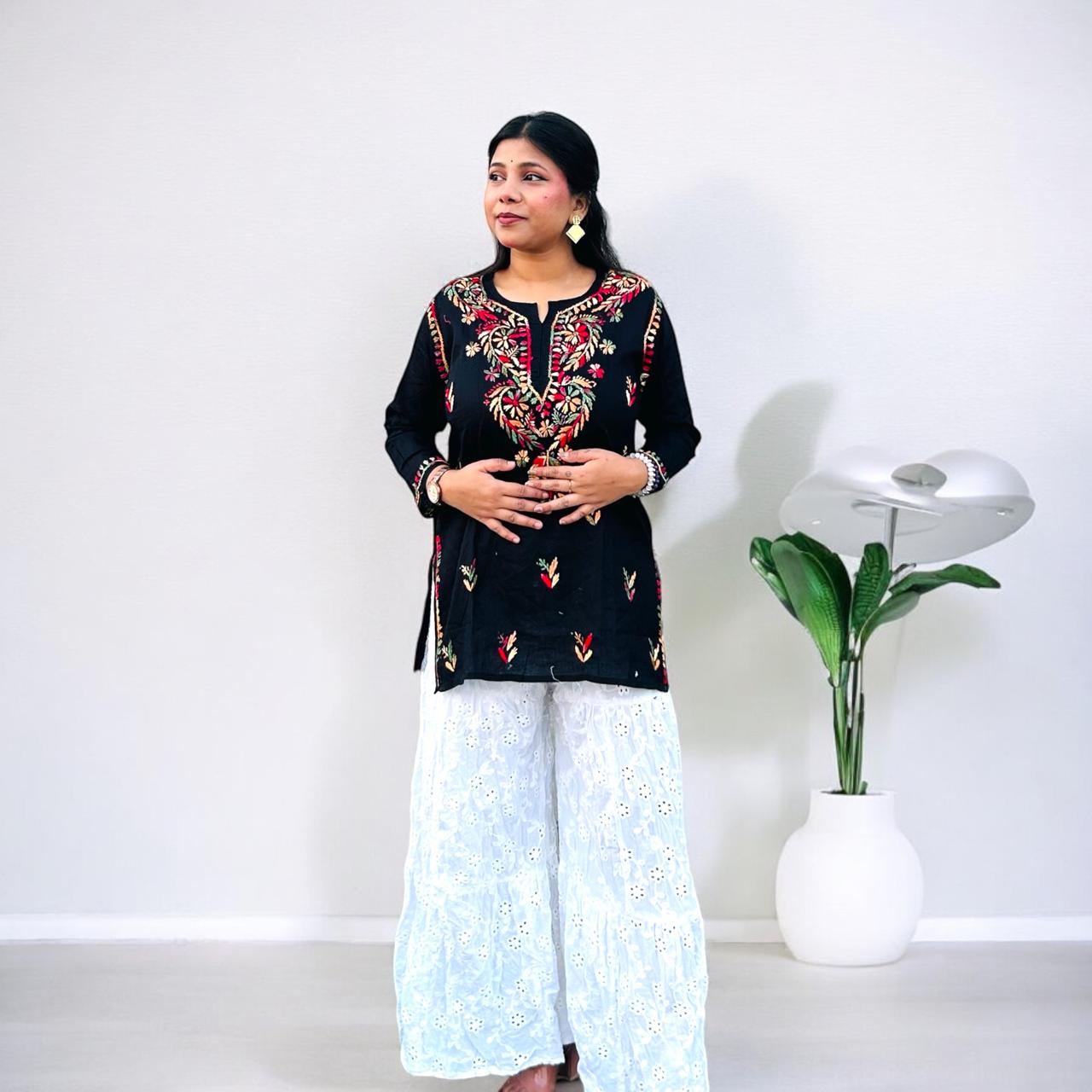 Cotton Short Chikankari Kurta Multi Color Thread Black