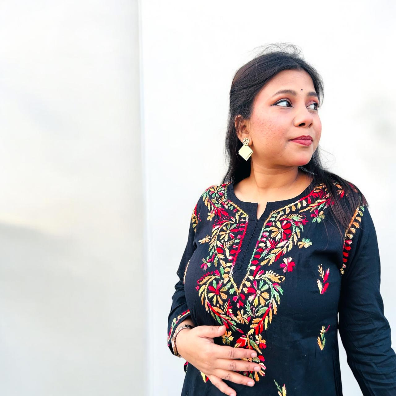 Cotton Short Chikankari Kurta Multi Color Thread Black