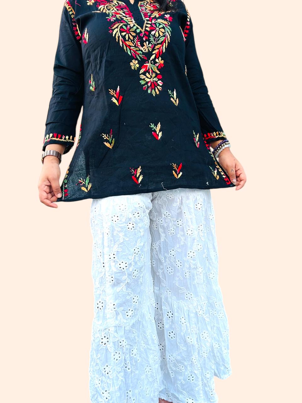 Cotton Short Black Chikankari Kurta Cotton Plazoo Set