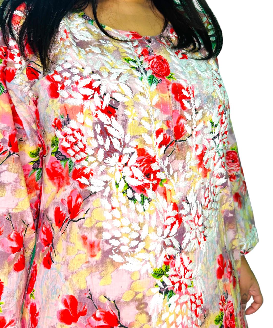 Chikankari Long Cotton Kurta Red
