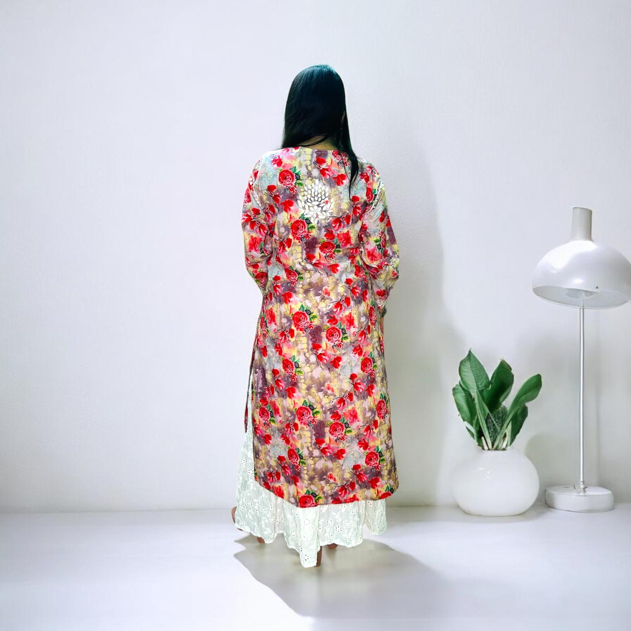 Chikankari Long Cotton Kurta Red