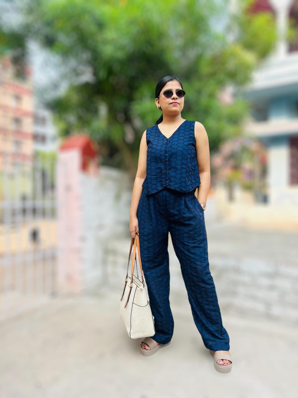 Embroidered Cotton Waistcoat & Trousers Co-Ords Blue