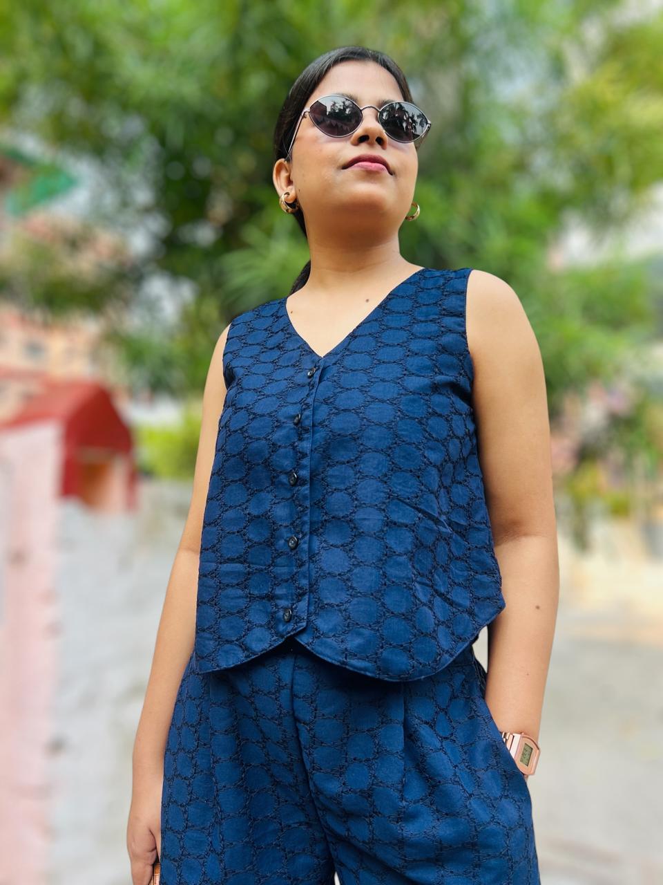 Embroidered Cotton Waistcoat & Trousers Co-Ords Blue
