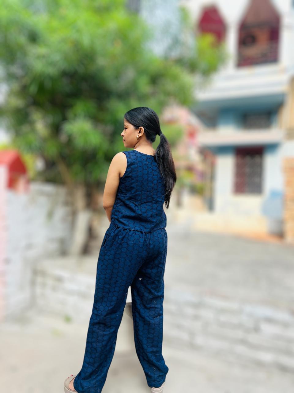 Embroidered Cotton Waistcoat & Trousers Co-Ords Blue