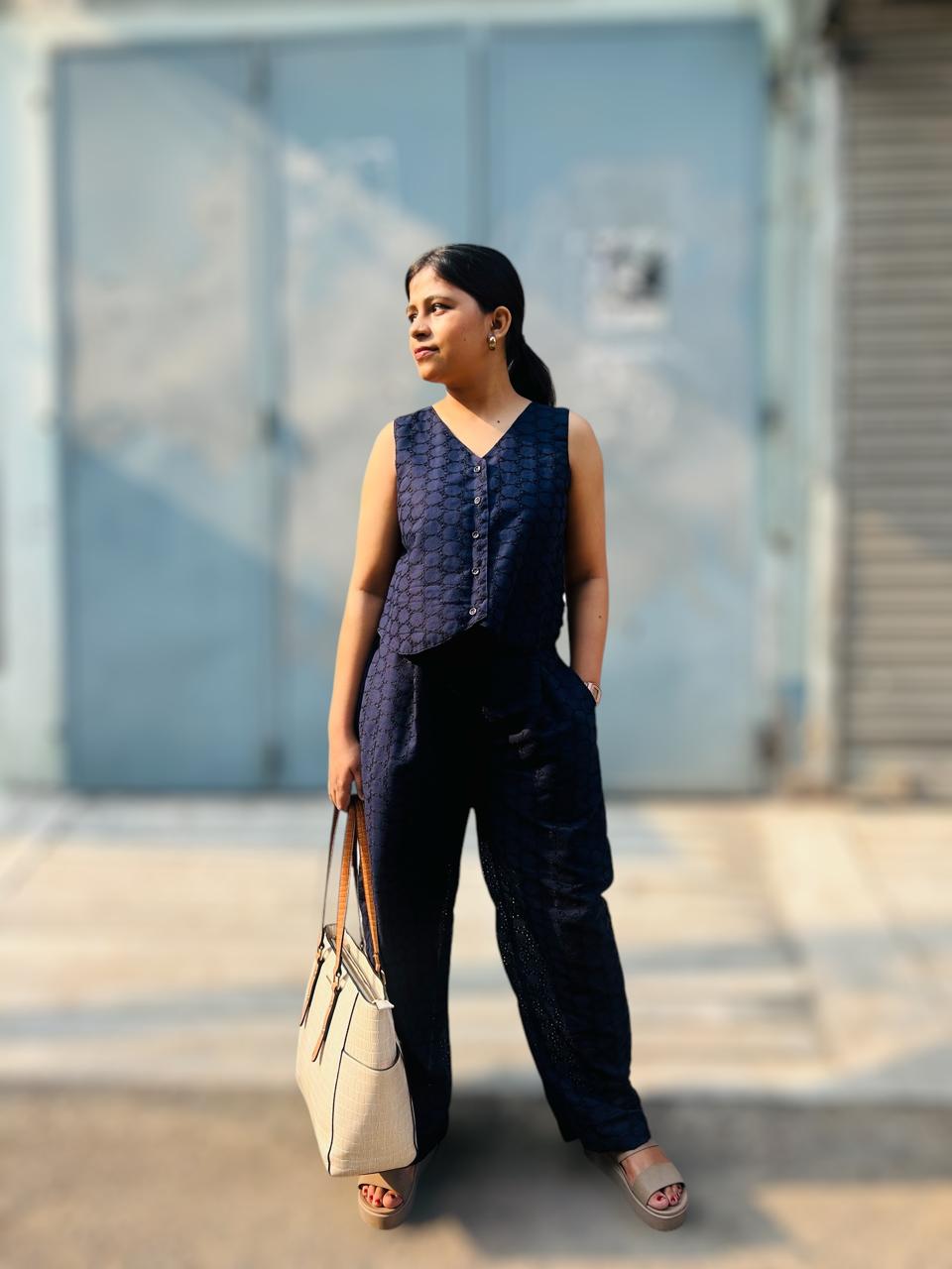 Embroidered Cotton Waistcoat & Trousers Co-Ords Blue