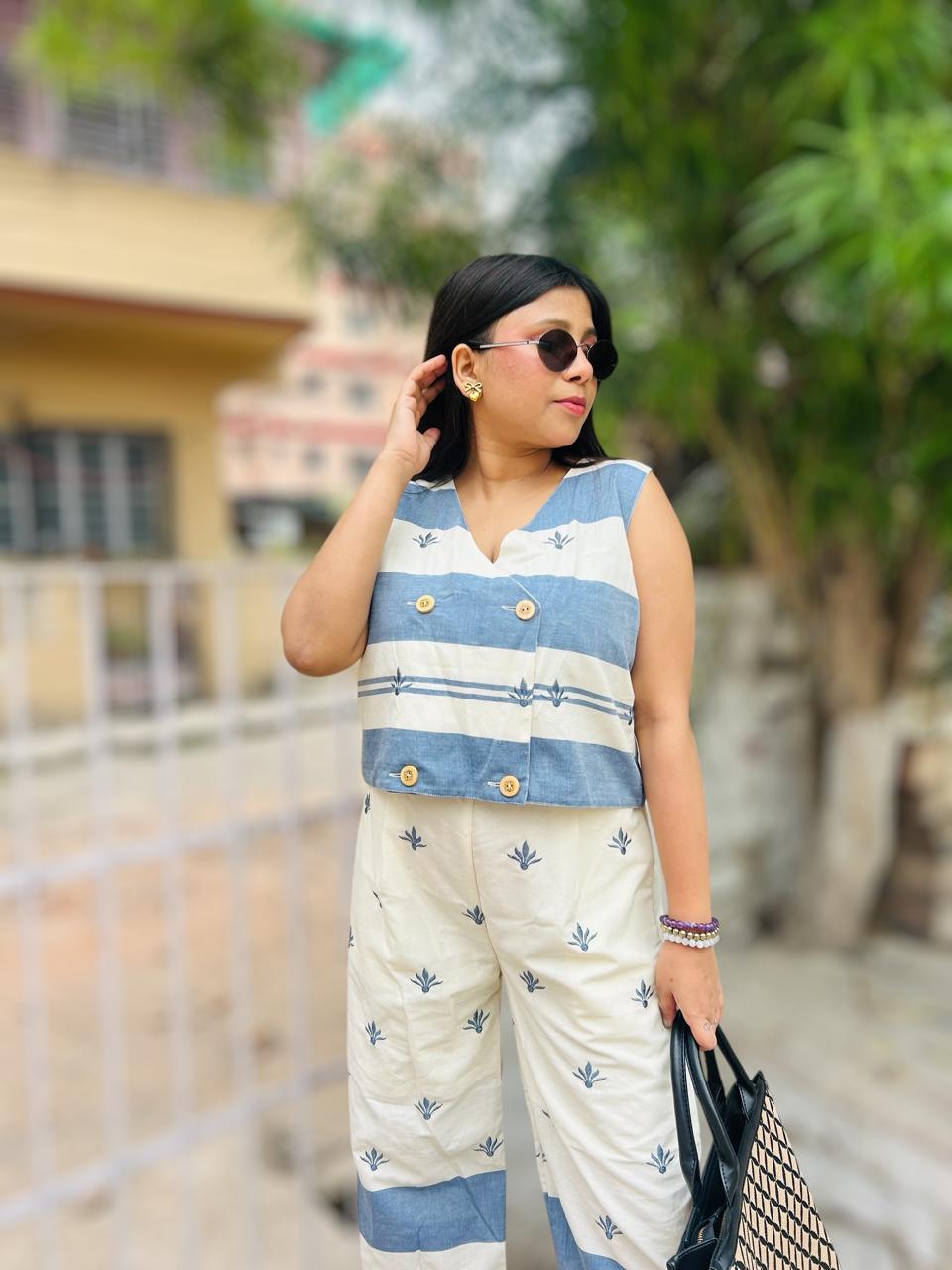 Embroidered Cotton Waistcoat & Trousers Co-Ords White Blue