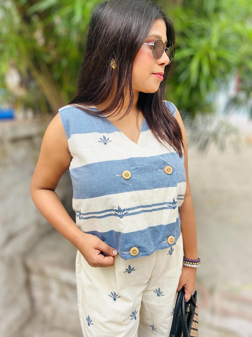 Embroidered Cotton Waistcoat & Trousers Co-Ords White Blue