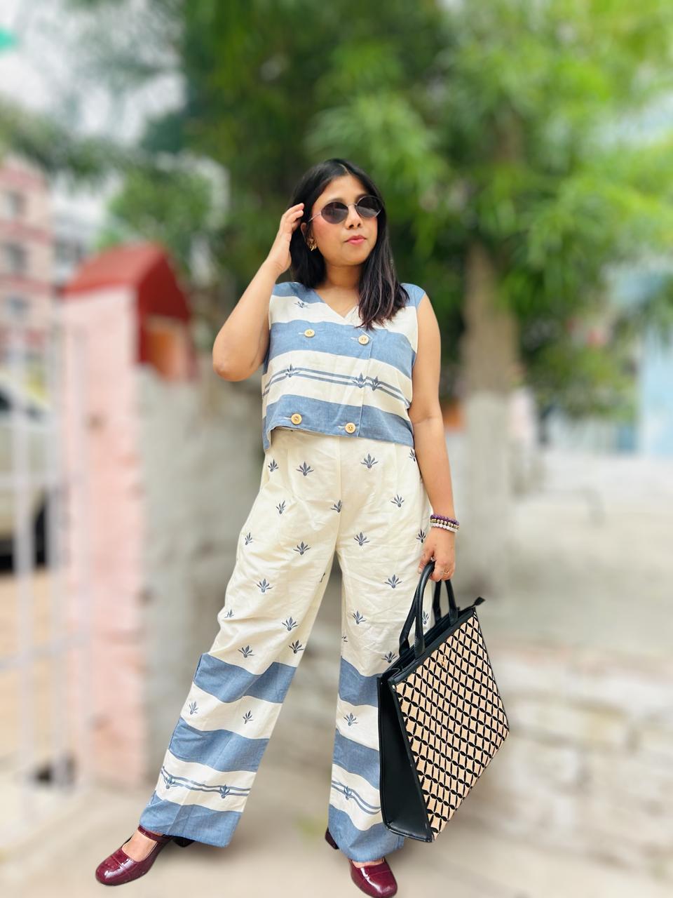Embroidered Cotton Waistcoat & Trousers Co-Ords White Blue
