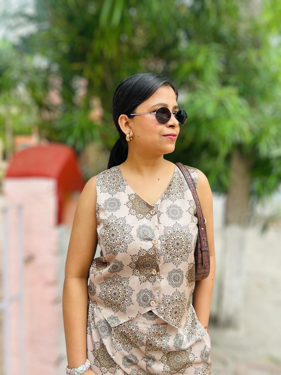 Printed Satin Waistcoat & Trousers Co-Ords Green Peach