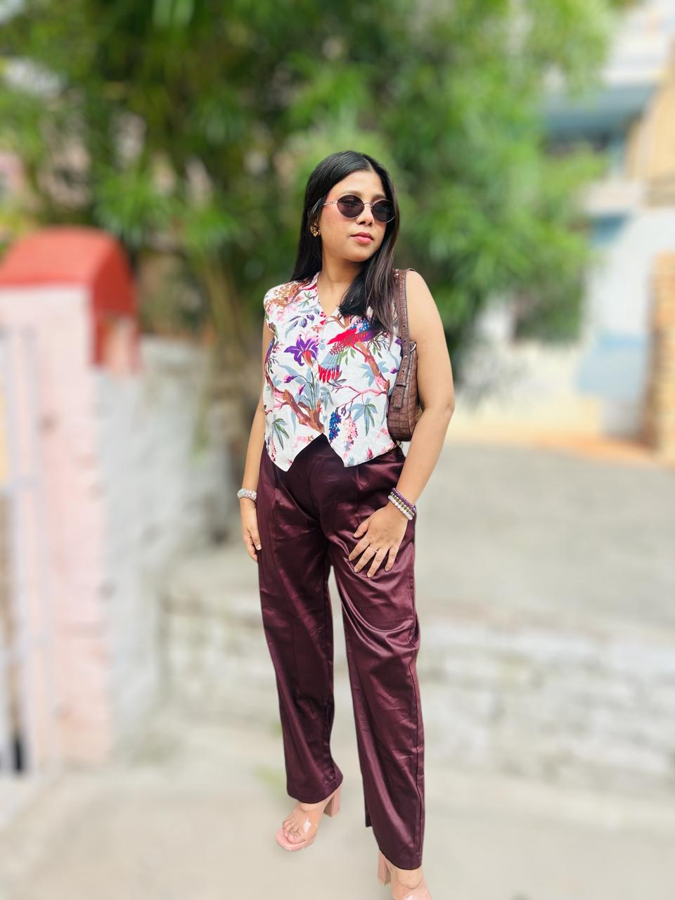Printed Cotton Waistcoat & Trousers Co-Ords Multicolor Brown