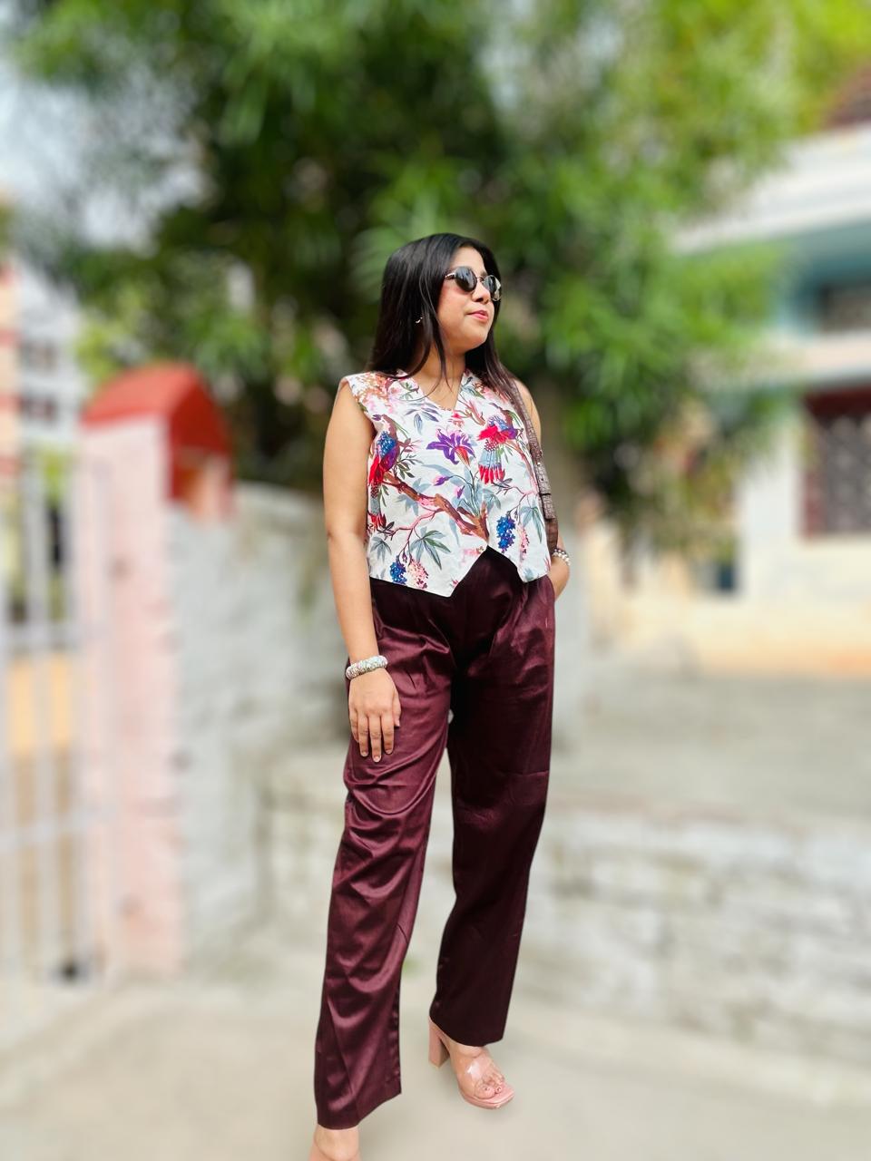 Printed Cotton Waistcoat & Trousers Co-Ords Multicolor Brown