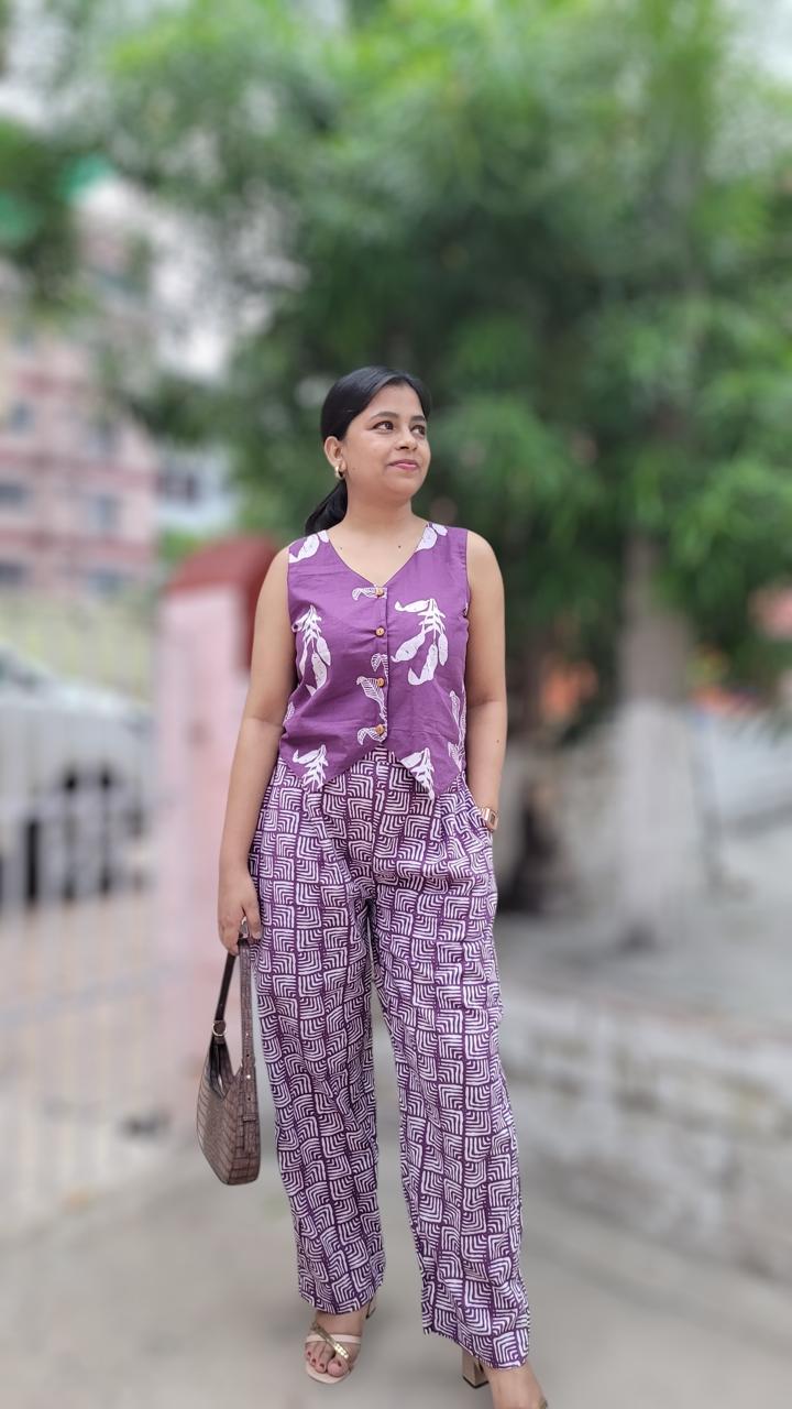 Printed Cotton Waistcoat & Trousers Co-Ords Purple White
