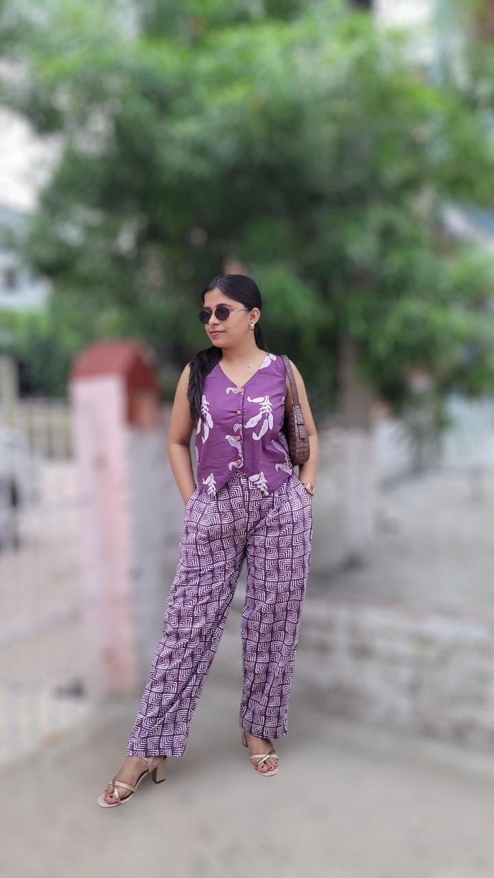 Printed Cotton Waistcoat & Trousers Co-Ords Purple White