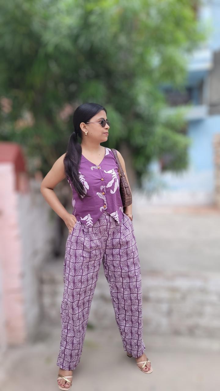 Printed Cotton Waistcoat & Trousers Co-Ords Purple White