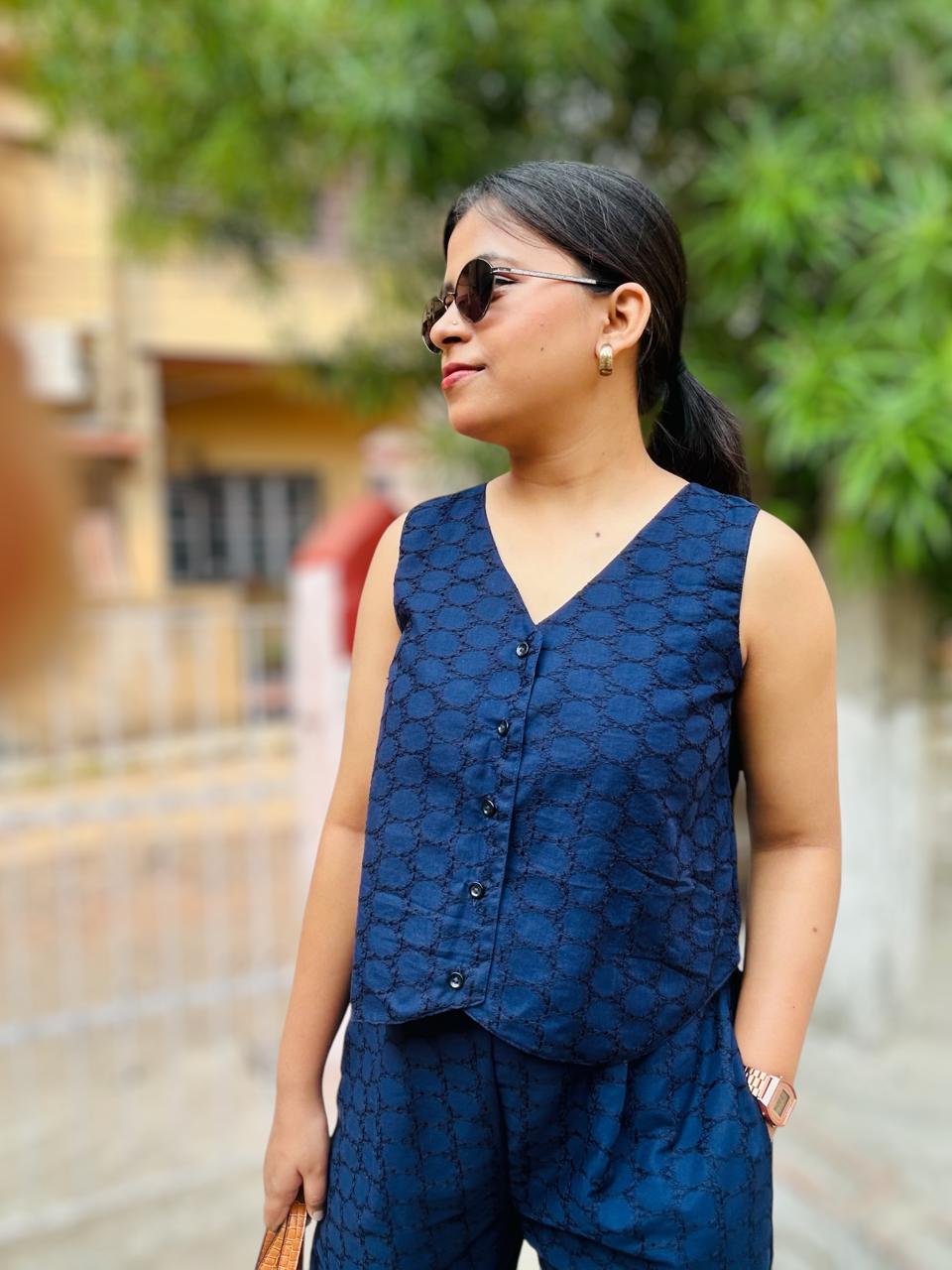 Embroidered Cotton Waistcoat Blue