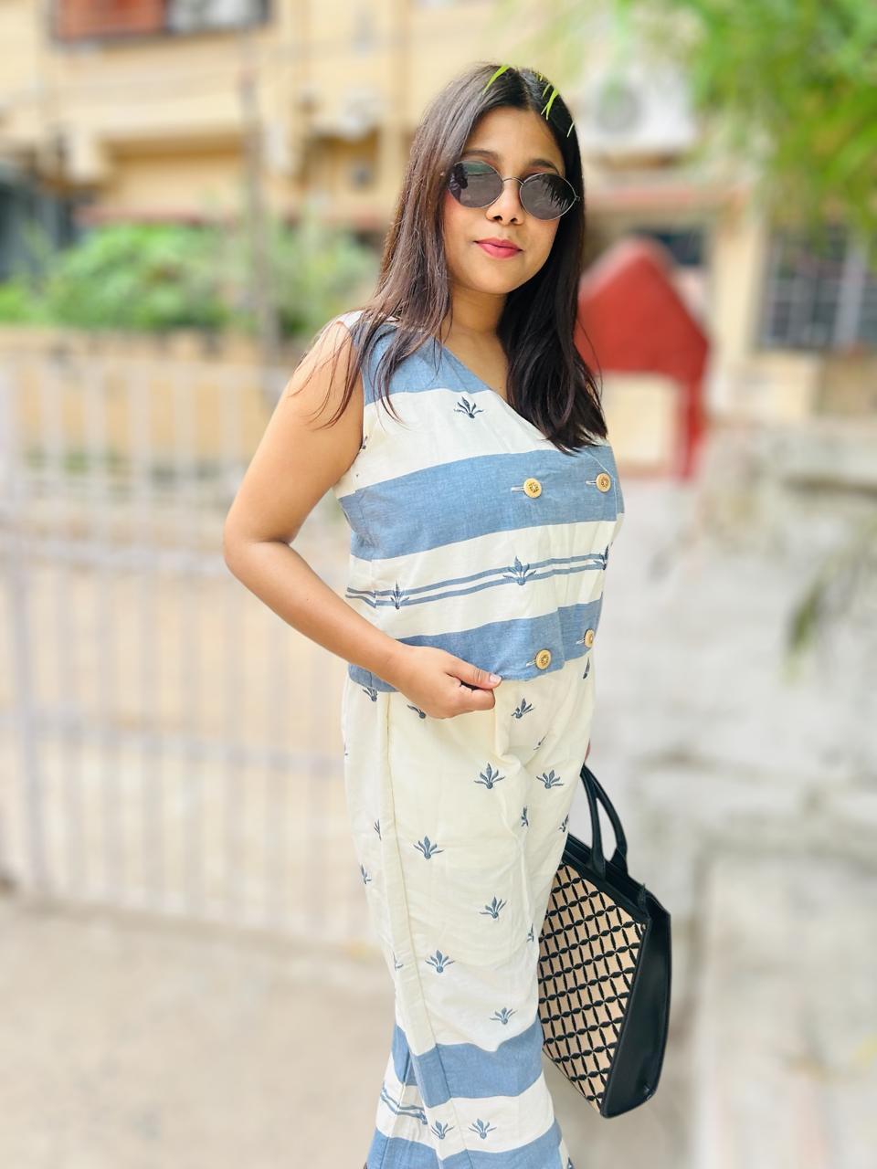 Embroidered Cotton Waistcoat White Blue