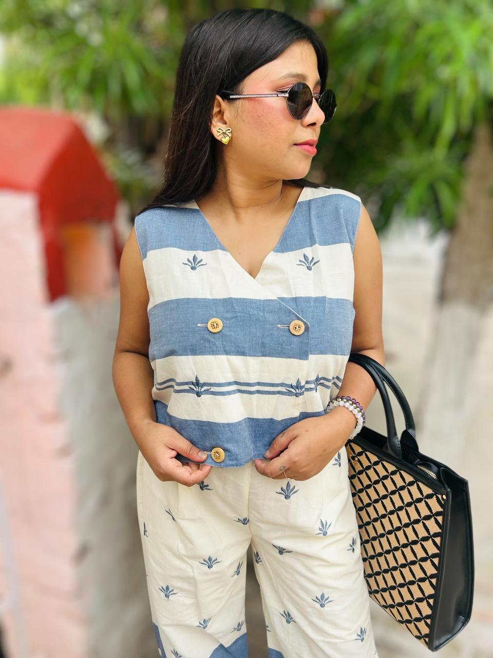 Embroidered Cotton Waistcoat White Blue