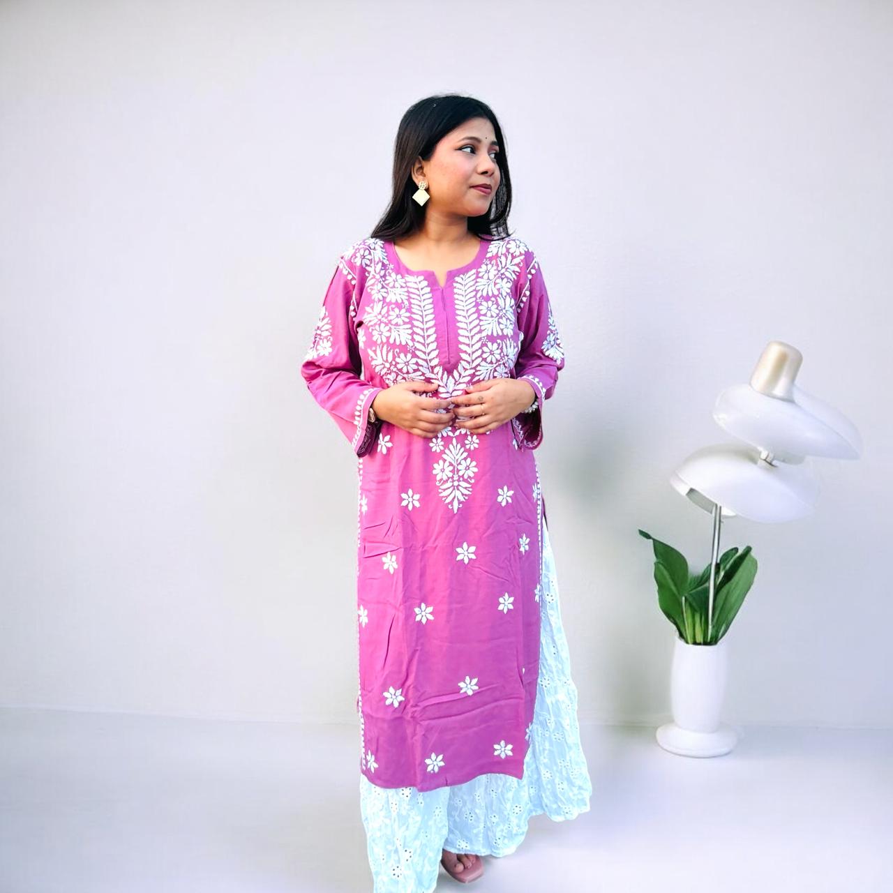 Mulmul Long Chikankari Kurta White Thread Lavender